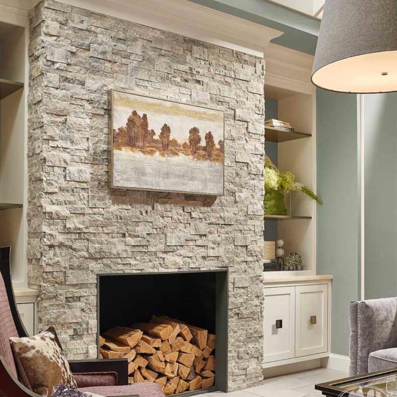 Silver Travertine Stacked Stone Fireplace