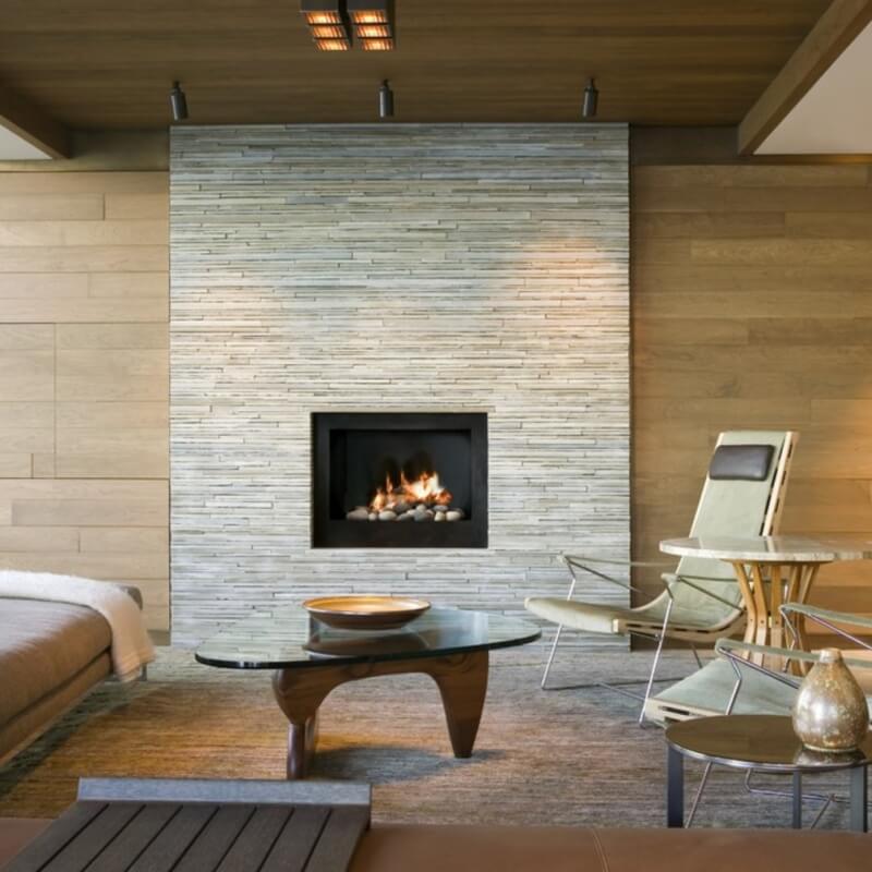 modern stacked stone fireplace