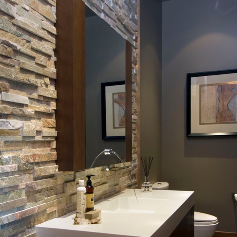 Golden White Stacked Stone Ledger Panels Bathroom Backsplasj Photo Credit Houzz 