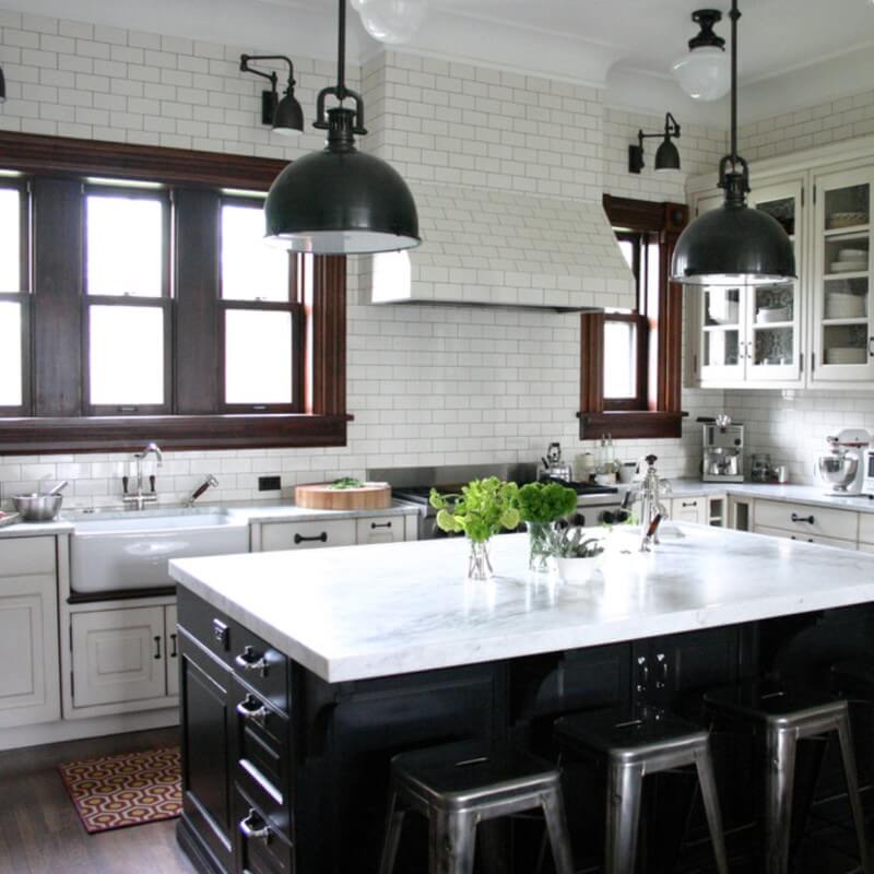 Classic Subway Tile Kitchen Backsplash, Gray Cabinets With White Subway Tile Backsplash