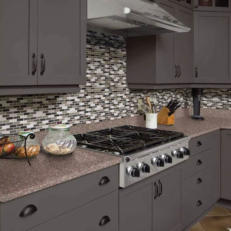 grey granite countertops with brown cabinets