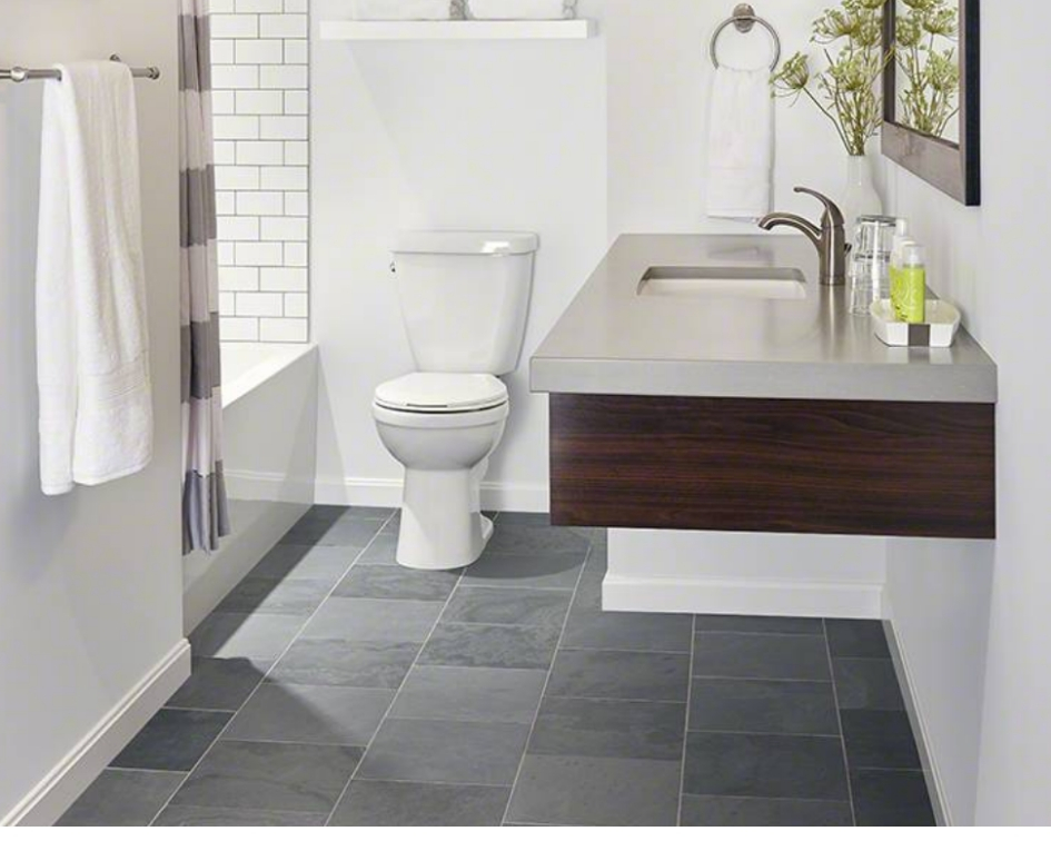 Slate Tile Bathroom With Dark Wood Vanity