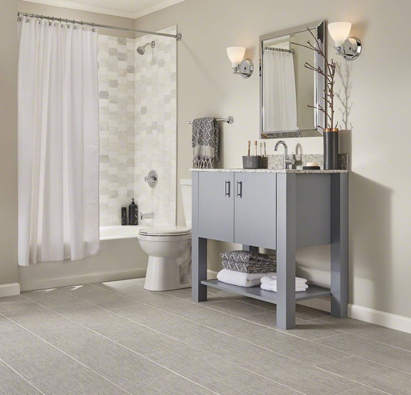 gray toned bathroom with fabric tile in ivory