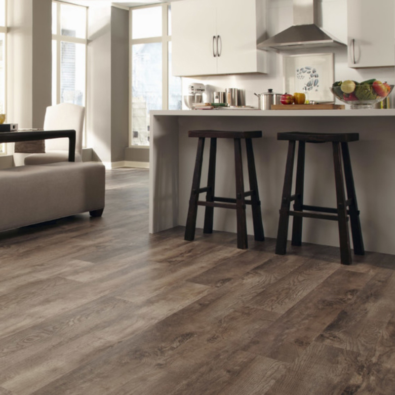 wood look flooring with kitchen island