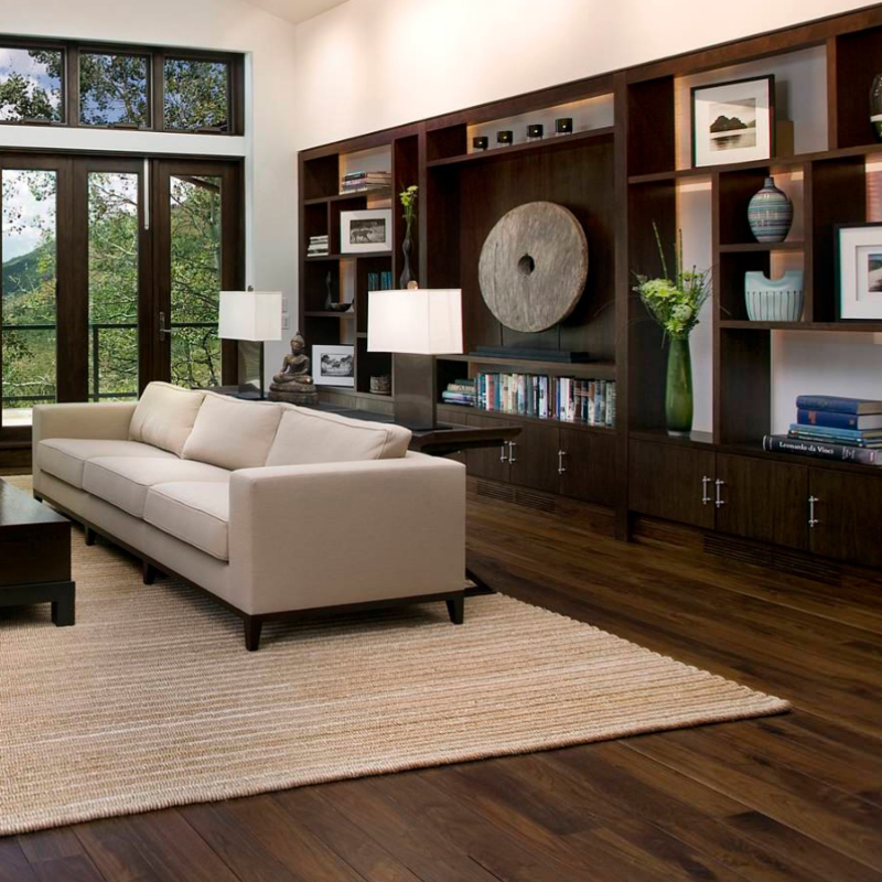 cherry wood living room with lvt flooring
