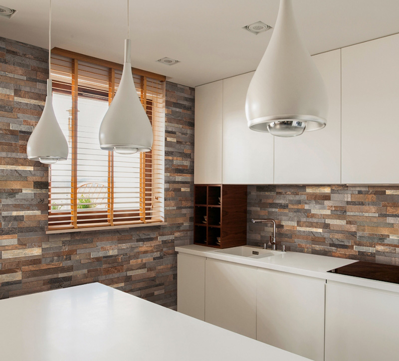 Frocky Gold Minimalist Kitchen With Stacked Stone Wal