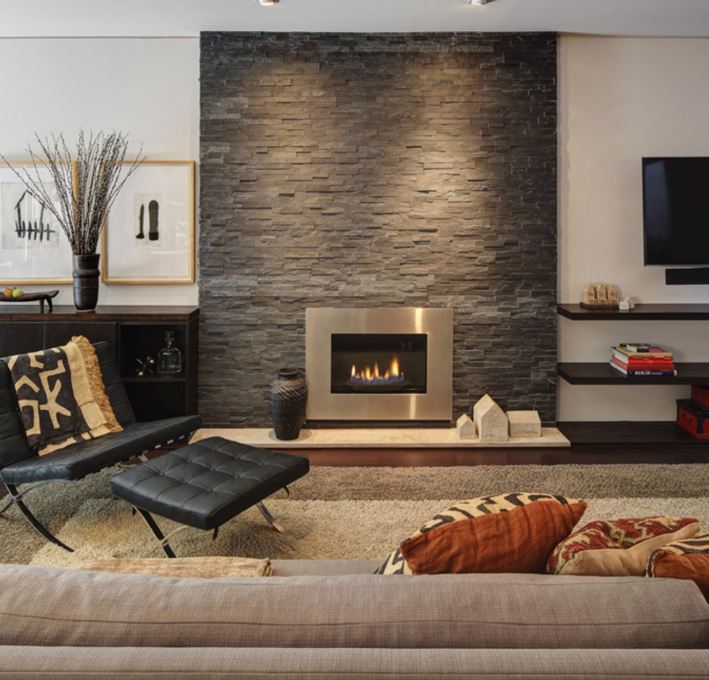 modern stacked stone fireplace