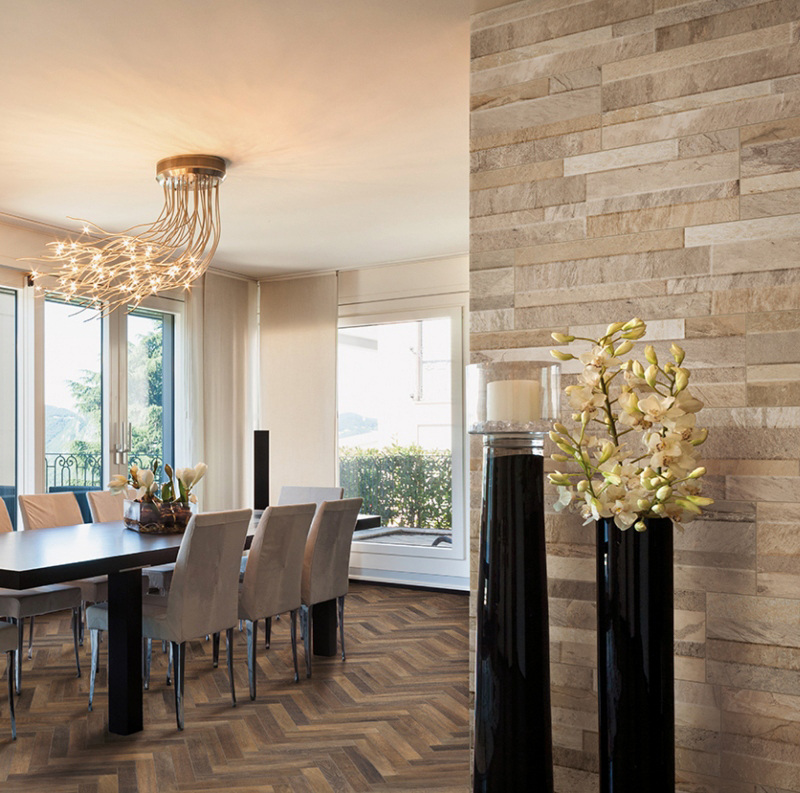 stacked stone wall panels in the dining room
