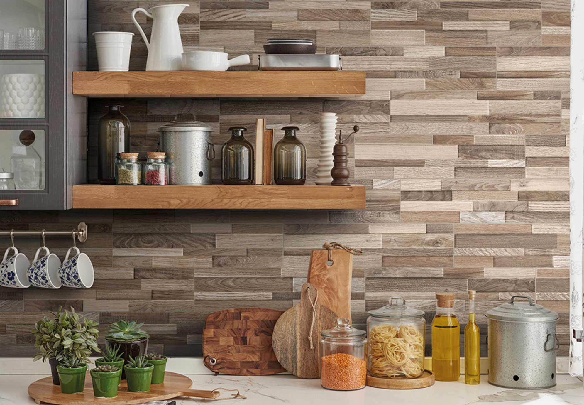 gorgeous stacked stone wall panels in the kitchen