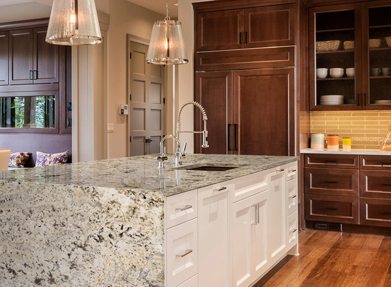 cherry kitchen cabinets with white countertops        <h3 class=