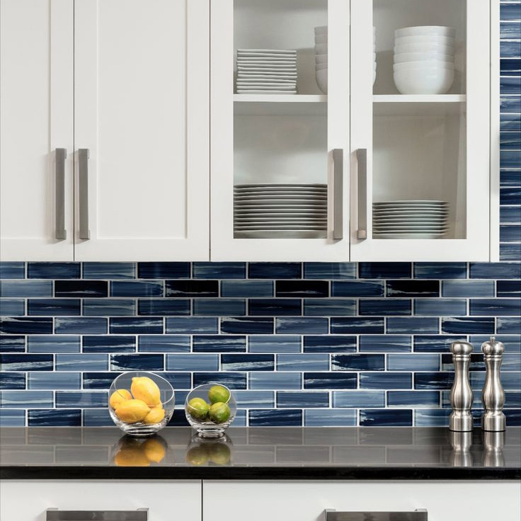 Oceania Azul Blue Glass Tile Backsplash In Kitchen With Open Cabinets Msi 