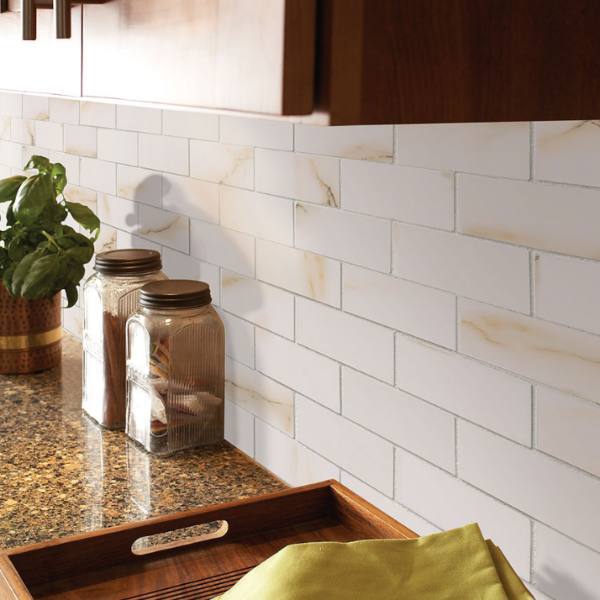 marble look porcelain tile backsplash