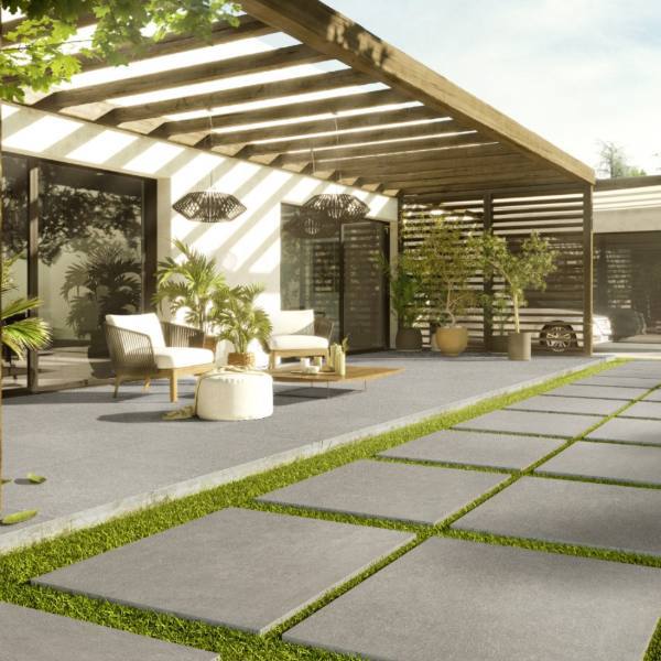 outdoor patio with concrete look porcelain tile