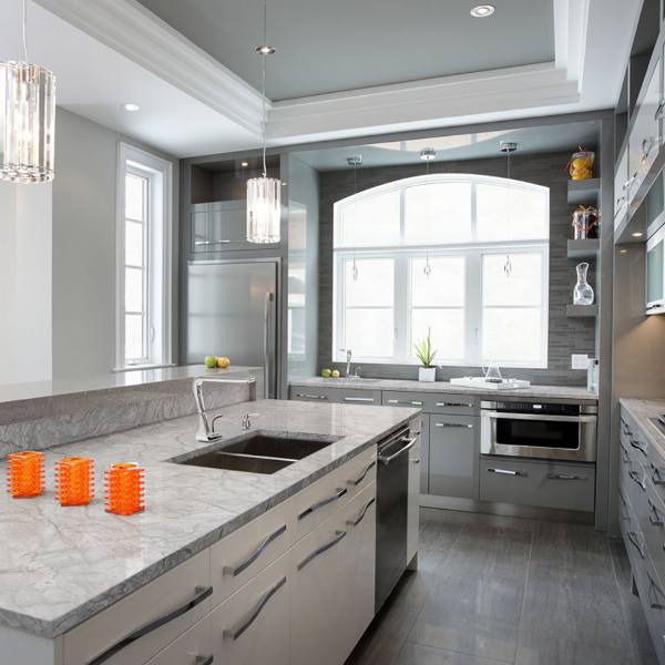 White Stream White With Grey Vein Granite Counter In Monotone Kitchen Msi 