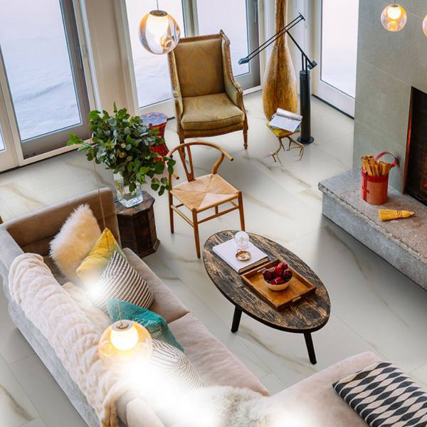 marble look porcelain flooring in living room