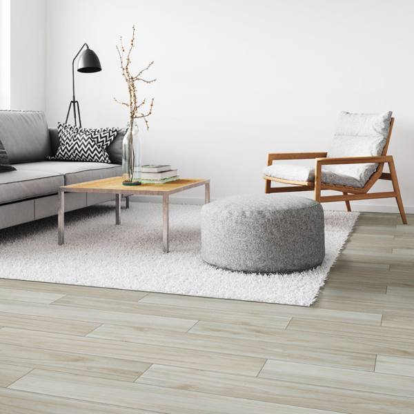 creme wood colored porcelain tile in minimalist living room