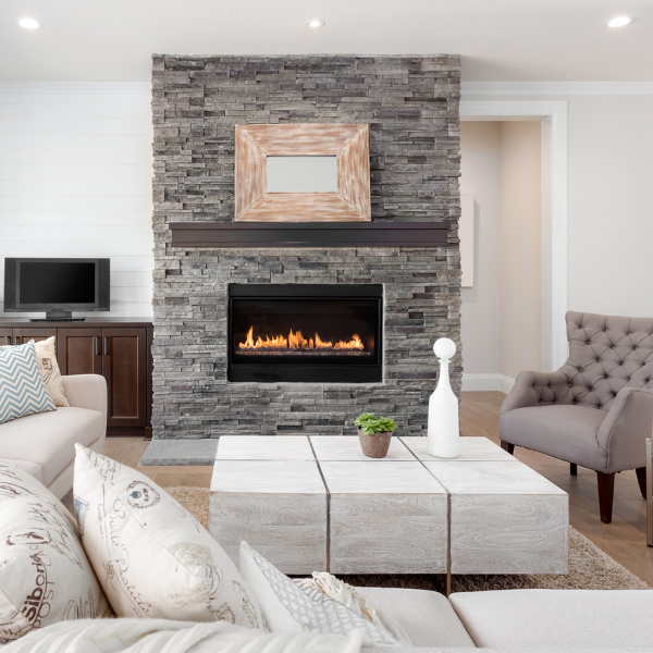 stacked stone fireplace