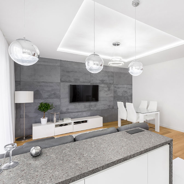 speckled grey granite counter in grey and white room