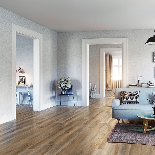 vinyl plank flooring in serene blue living room