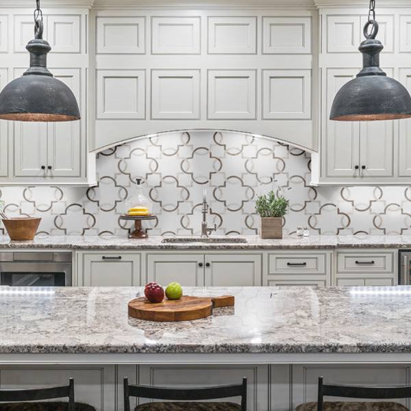 white marble accented by a sophisticated geometric pattern