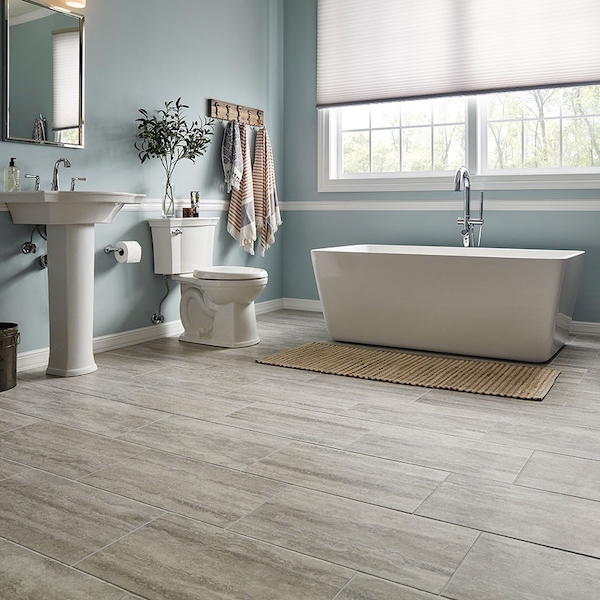 travertine look porcelain flooring in spa bathroom