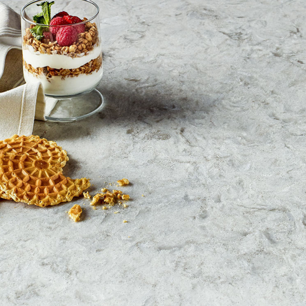 muted gray and cream quartz counter