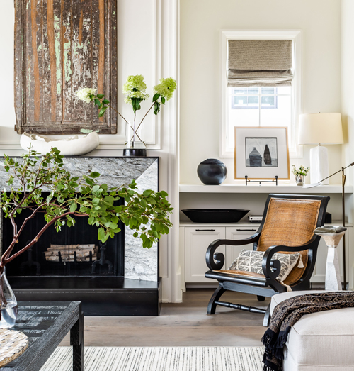 granite fireplace surround in chic living room