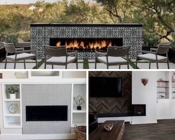 cozy fireplace surrounds featuring porcelain tile