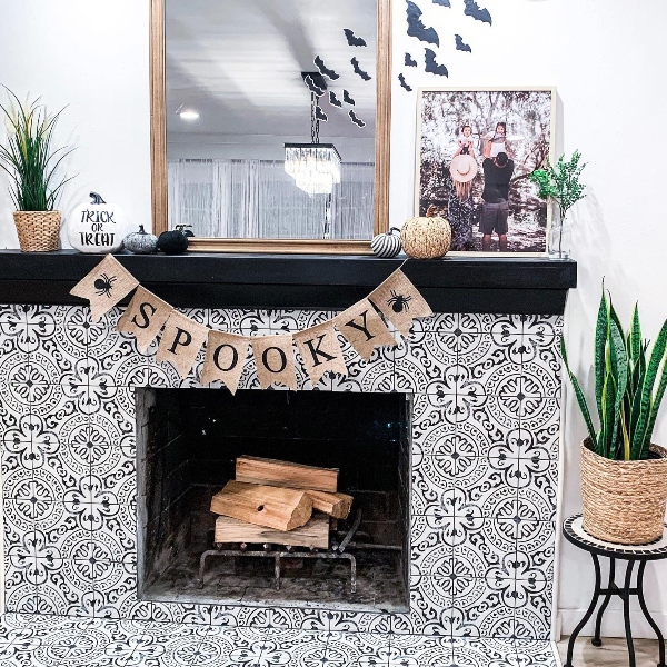porcelain black and white tile fireplace