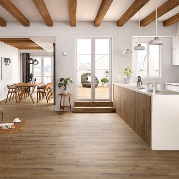porcelain wood tile in natural light kitchen