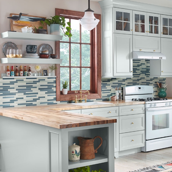 interlocking blue grey and white kitchen backsplash tile