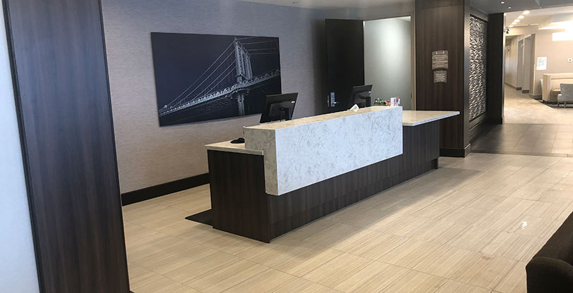 white quartz counter in hotel reception