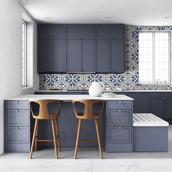 porcelain french blue floral geometric tile in kitchen