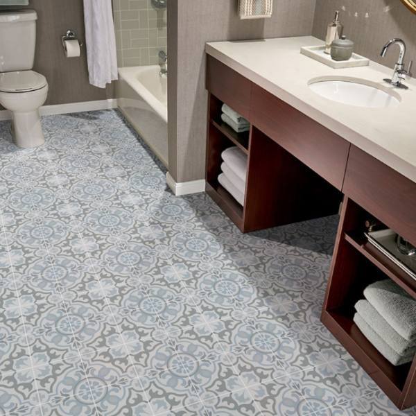 light blue floral pattern tile bathroom