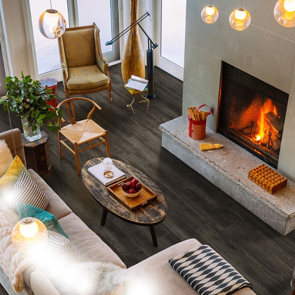 vinyl plank flooring with fireplace