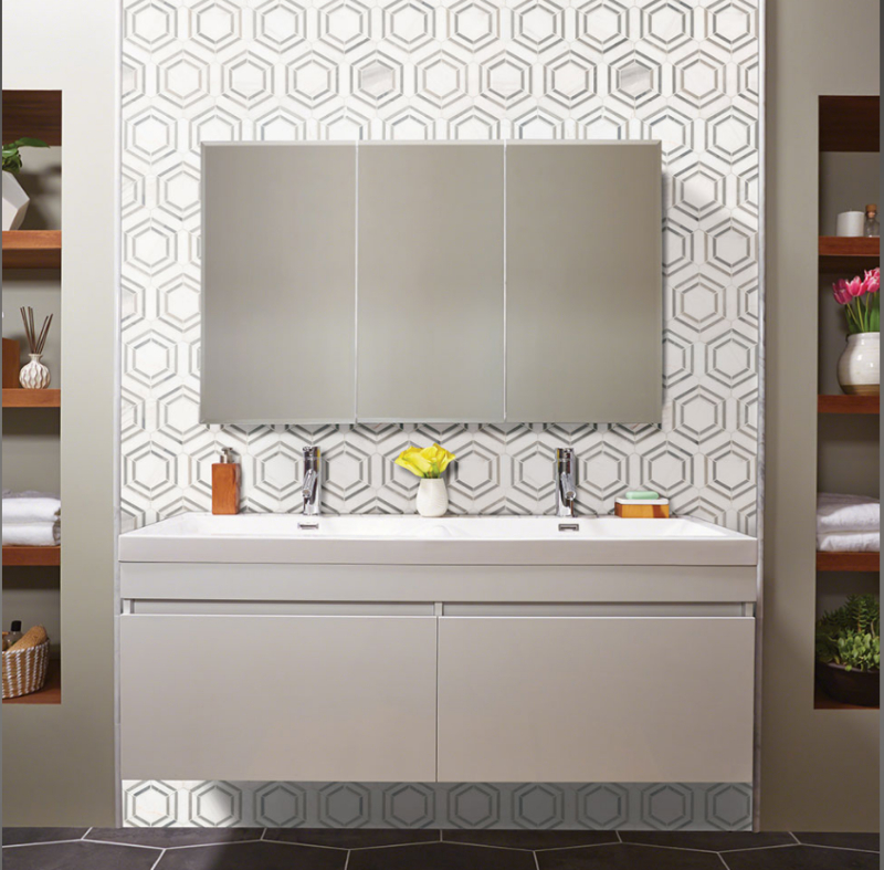 geometric bathroom backsplash tile in gray and white