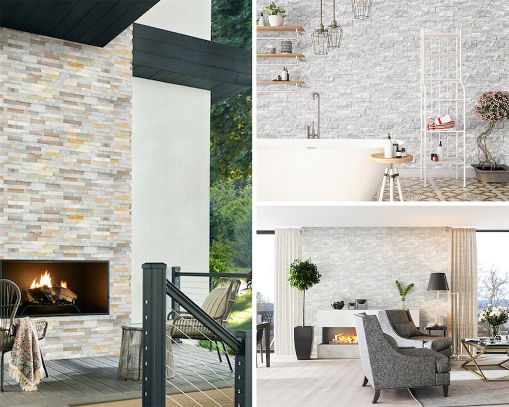 white stacked stone fireplace