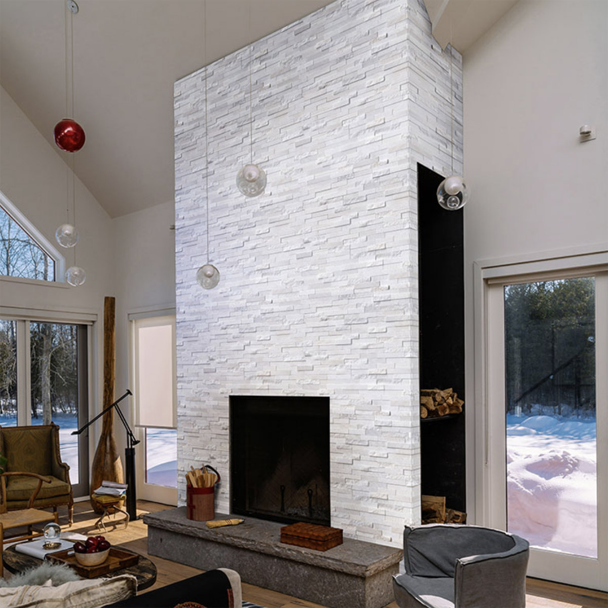 white stacked stone fireplace