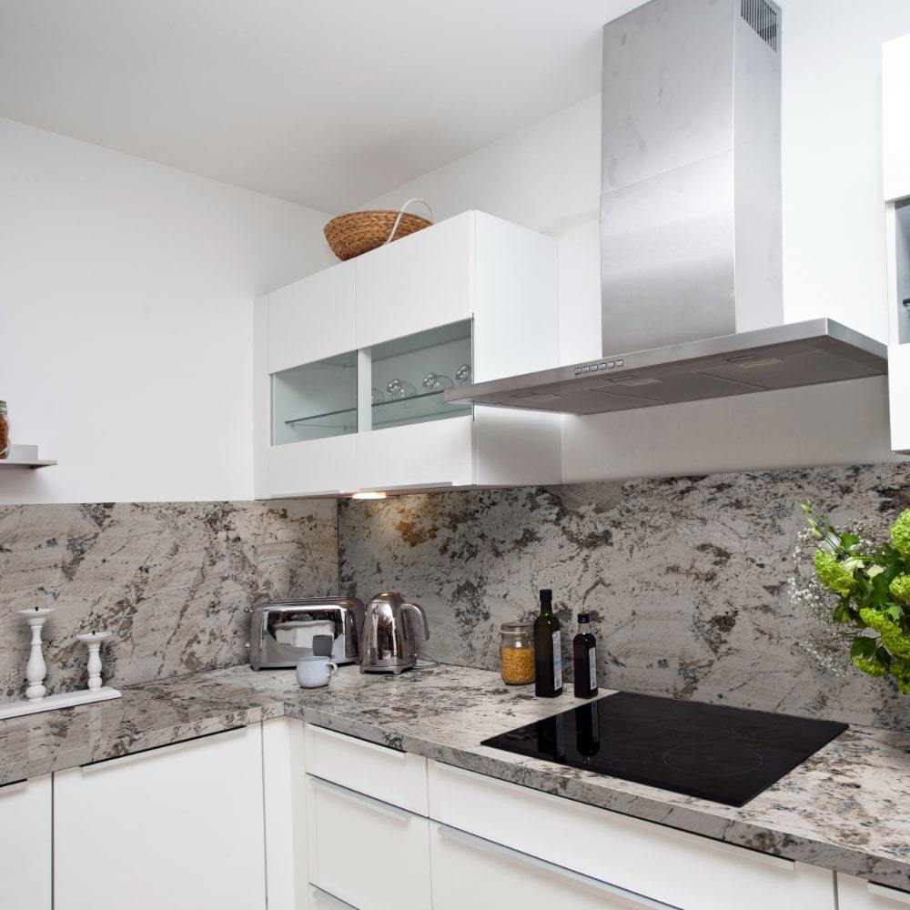 Modern Beige Kitchen With Black Granite Counter Interior 3d