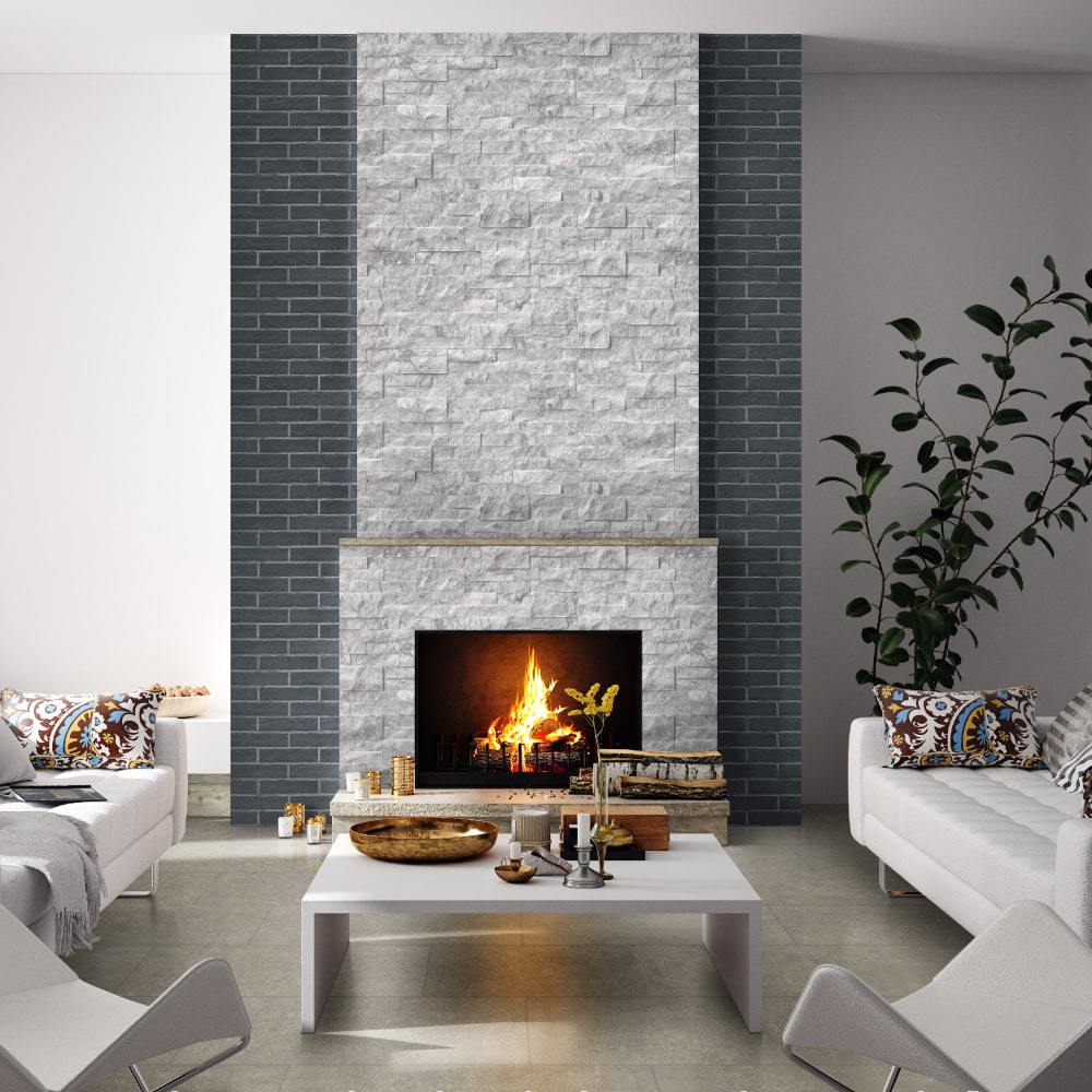 Wall Tile And Fireplace Facing Using Stacked Stone And Stacked Porcelain Panels