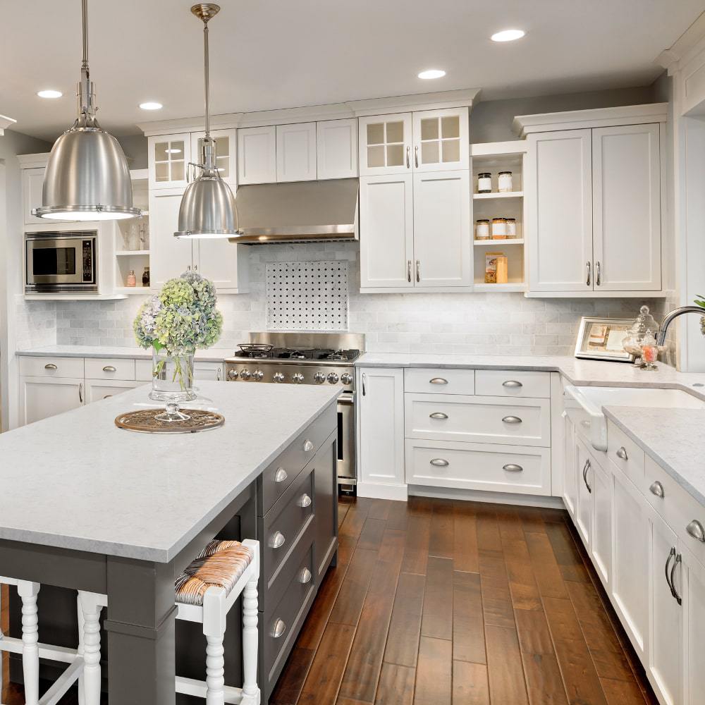 grey quartz countertops white cabinets