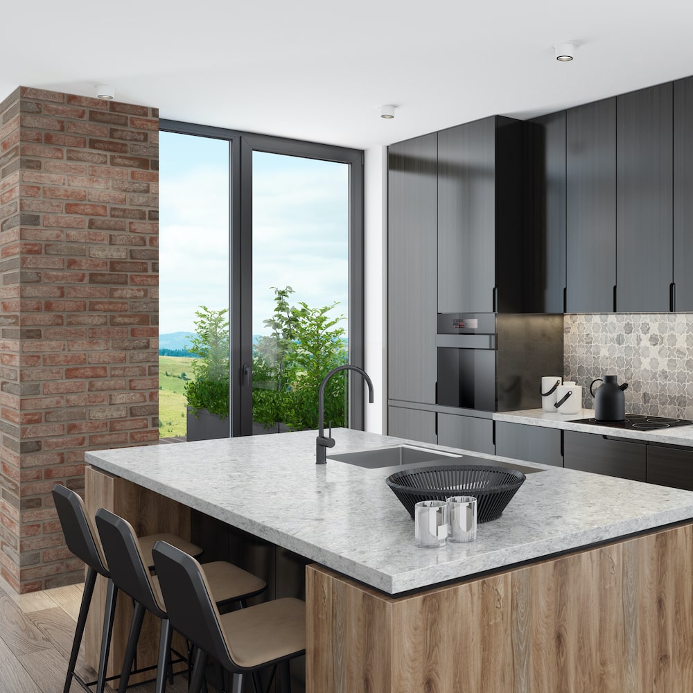 Grey Quartz Countertop Colors   Msi Rolling Fog Quartz Kitchen Counter Iwith Brick Feature Wall Min 