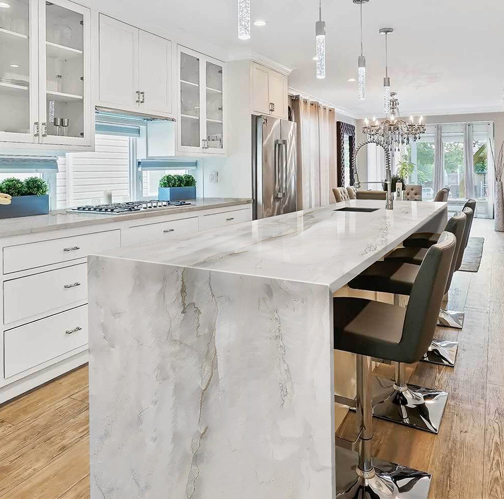 Super White Quartzite Countertops In An Elegant Kitchen