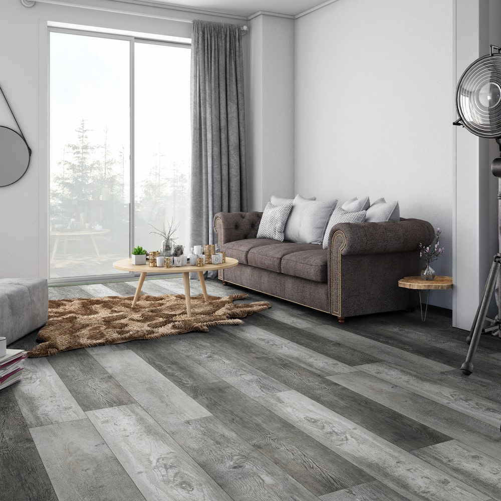 Oak Luxury Vinyl Plank Basement Family Room Flooring and Dark Gray