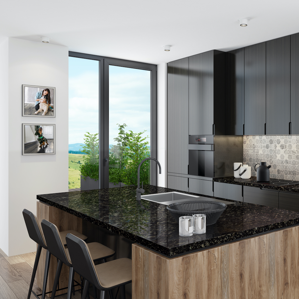 Dark cabinets with dark outlet granite