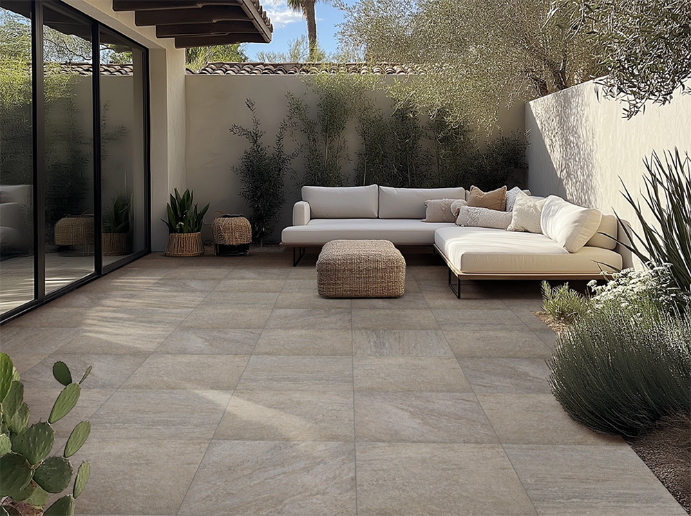 Legions Quartz Silver pavers creating a stylish and safe outdoor dining space with modern gray hues.
