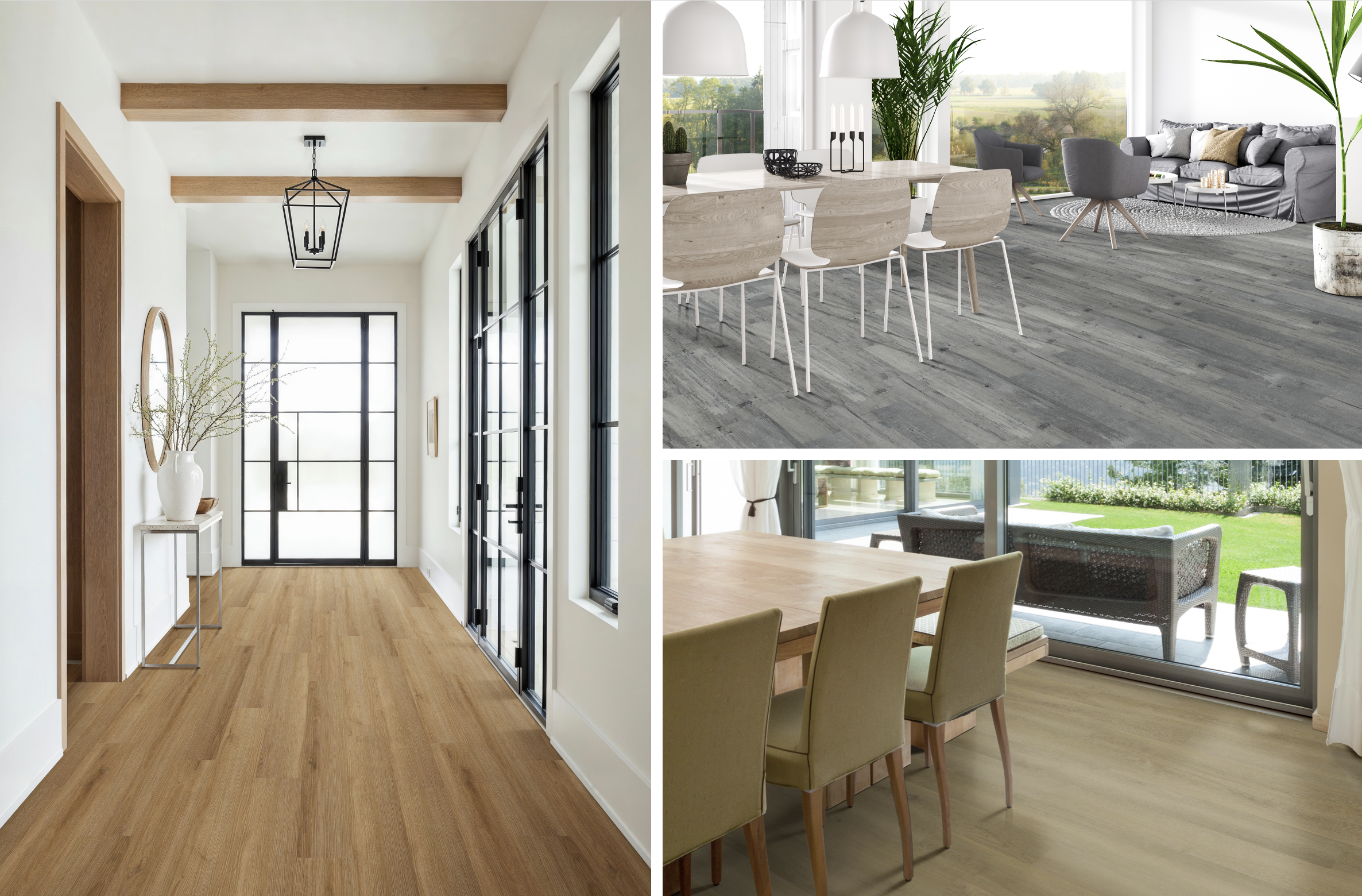 Examples of the advantages of vinyl plank flooring and benefits of LVP flooring in hallways, dining rooms, and open-concept living spaces.