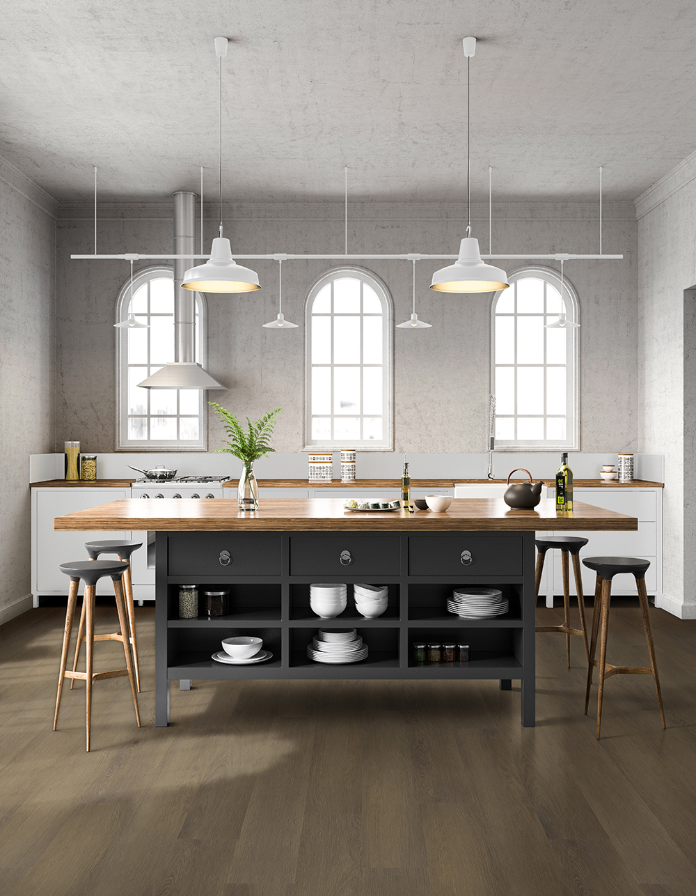 Modern kitchen with large island with wood-look LVT flooring, demonstrating how LVT wear layer thickness affects long-term performance.