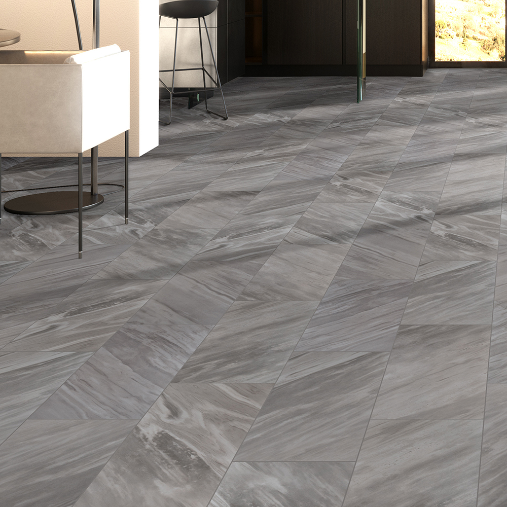 Modern home design with gray marble-look porcelain tile with matte finish, polished vs matte porcelain tile.