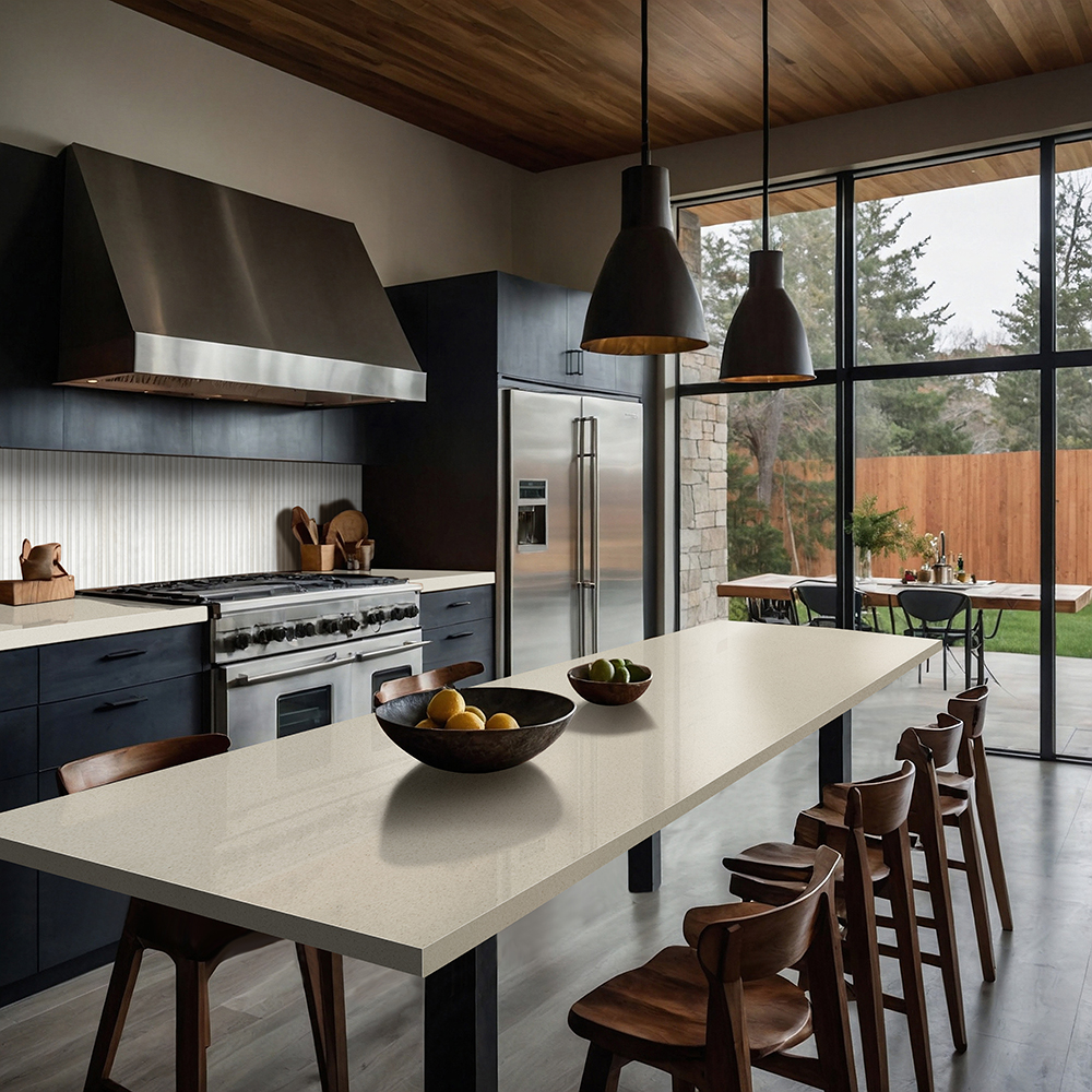 Light quartz countertops in a modern kitchen with dark cabinetry, highlighting emerging quartz countertop color trends for 2026.
